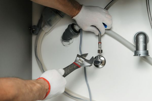 Plumber attaches flexible tube to the faucet